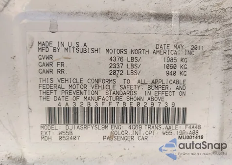 2011 Mitsubishi Galant Es/Se из США, поврежденный, VIN 4A32B3FF7BE029739